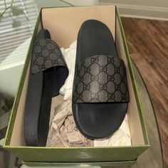 Worn Twice! Men Gucci Flip Flops, My Husbands Feet Are Too Slim! Brand New Basically! Beautiful Shoe Gucci Black Leather Slides, Black Leather Gucci Slides, Black Casual Gucci Slides, Casual Black Gucci Slides, Gucci Black Slides With Cushioned Footbed, Gucci Black Flat Slides, Black Gucci Slides With Rubber Sole, Gucci Flip Flops, Twin Flame Love