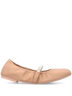 blush beige leather strap detailing pearl detail round toe slip-on style low heel flat rubber sole Low Heel Flats, Ballerina Shoes, Low Heels, Stuart Weitzman, Flat Shoes Women, Ballet Flats, Ballet Shoes, Rubber Sole, Leather Straps