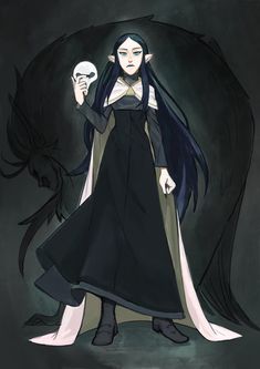 a woman in a black dress holding a skull and standing next to a raven bird