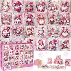 the pink santa clause is surrounded by other christmas decorations and ornaments, including dices