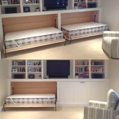 there are two beds and a couch in this room with bookshelves on the wall