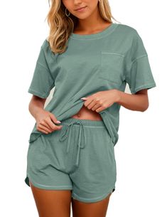 PRICES MAY VARY. MATERIAL: The short-sleeved pajamas for women are made of cotton fabric, which is cool, breathable, and soft to the touch. The lightweight material and loose design bring you optimum comfort all day TOP: Women's cotton pajama sets embracing crew neck, short sleeves, line contrasting in neckline, and chest pocket. You can also wear the top or the bottom as separates from other wardrobe pieces BOTTOM: Loungewear shorts with adjustable drawstring accommodate your waist. Pajama shor Womens Pajamas Set, Loungewear Set Shorts, Green Pajama Set, Sleepwear Outfits, Womens Lounge Set, Womens Pj Sets, Womens Loungewear Sets, Summer Pajama Set, Cotton Pajamas Women