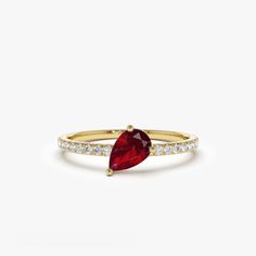 14k Slanted Pear Shape Ruby Ring with Pave Diamonds Local Jewelry, Diamond Carat, Ruby Ring, Diamond Color, Gold Yellow, Diamond Gemstone, Pear Shape, Pave Diamonds, Pear Shaped