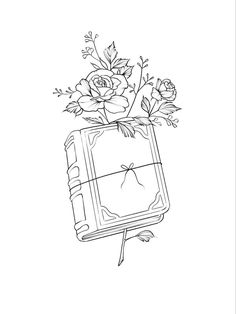 a black and white drawing of a book with flowers on it