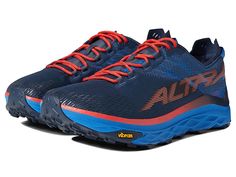 Altra Mont Blanc - Men's Shoes : Blue/Red : Lightweight and breathable, the Altra Footwear Mont Blanc trail shoes feel comfy and are perfect to explore the slopes. Breathable textile and synthetic upper. Textile lining. Removable textile insole. Altra EGO dual-nature midsole compound is responsive, yet soft for increased energy return. FootShape toe box allows your toes to relax and spread naturally for more comfort and stability during uphill climbs and downhill descents. Balanced Cushioning pl Athleisure Trail Running Shoes For Outdoor With Shock Absorption, Breathable Synthetic Running Shoes For Hiking, Athletic Fit Walking Shoes With Boost Midsole For Outdoor, Synthetic Trail Running Shoes With Vibram Sole For Outdoors, Dynamic Synthetic Trail Running Shoes For Outdoor, Synthetic Trail Running Shoes With Shock Absorption For Outdoor, Waterproof Trail Running Shoes With Round Toe For Sports, Sporty Running Shoes With Shock Absorption For Walking, Outdoor Synthetic Running Shoes With Shock Absorption