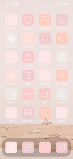 an iphone screen showing the icons for different things in pink, white and grey colors