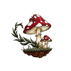 two mushrooms sitting on top of a grass covered ground next to leaves and plants in front of a white background