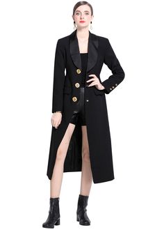 Stay stylish and warm this fall with our women's single-breasted long trench coat. The classic black color and shawl collar add a touch of sophistication, while the long length and trench coat style provide both fashion and function. Upgrade your fall outfit with this versatile and timeless piece. Shawl collar Front single-breasted button closure Long sleeves Lined Polyester Item #4101808 SIZE INFO XS=US2=UK6=EU32 S=US4-6=UK8-10=EU34-36 M=US8-10=UK12-14=EU38-40 ★★ It would be helpful if you prov Luxury Black Blazer Dress With Double Button Closure, Luxury Black Blazer Dress With Double Button, Formal Black Outerwear With Shawl Collar, Formal Black Shawl Collar Outerwear, Black Shawl Collar Outerwear For Formal Occasions, Elegant Long Outerwear For Fall, Long Winter Outerwear For Evening, Long Winter Evening Outerwear, Classic Black Long Pea Coat