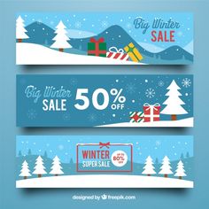 three winter sale banners with presents