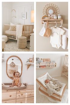 a collage of photos showing baby's room, crib, and furniture