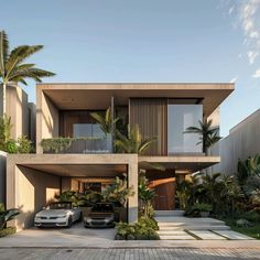 two cars are parked in front of a modern house with palm trees on the side