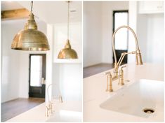 two pictures of a kitchen sink and faucet with lights hanging from the ceiling