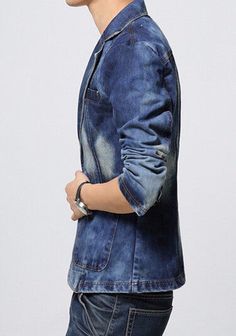 Clothing Length: RegularClosure Type: Single ButtonMaterial: CottonSleeve Length: Full Blue Stretch Denim Jacket With Long Sleeves, Fitted Button-up Blue Jeans, Blue Fitted Button-up Jeans, Fitted Blue Button-up Jeans, Denim Blazer, Blue Solid, Men's Clothes, Classic Blue, Denim Fashion