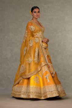 House Of Masaba | Ochre Neel Kamal Lehenga Set | INDIASPOPUP.COM Haldi Theme, Cancan Skirt, House Of Masaba, Embellished Embroidery, Masaba Gupta, Indian Fits, Lehenga And Blouse, Haldi Dress, Simple Lehenga