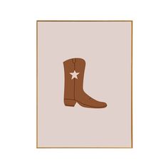 a brown cowboy boot with a white star on the side in a gold frame against a pink background