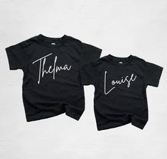 Custom handmade Thelma and Louise youth t-shirts. Available in youth, toddler, and baby sizes. Perfect for friends, siblings, mom and daughters, and all the duos in between! sweatshirts are available in some sizes. Please send a message if you would like a sweatshirt. H O W T O O R D E R Y O U R S H I R T : At checkout, please select the size you want, add to your cart, and then checkout through Etsy. If the size you want isn't in stock, I will message you right away and there will be a 2-3 day Toddler Disney Shirts, Mom And Daughters, Thelma And Louise, Friends Shirts, Toy Story Baby, Disney With A Toddler, Toy Story Shirt, Sibling Shirts, Kids Graphic Tees