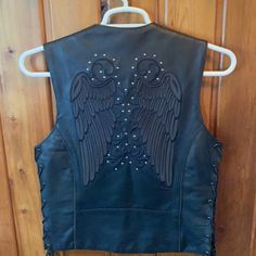 Women’s Small Leather Vest New Never Worn Back Detail Wings Glow In The Dark Absolutely Stunning Too Small For Me Wish I Could Keep Rodeo Queen, Leather Vest, Glow In The Dark, Coats For Women, Jackets & Coats, Jackets For Women, Leather, Women Shopping, Black