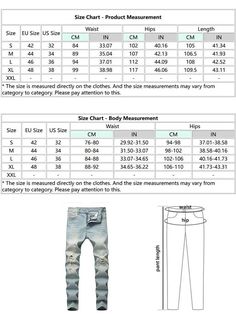 SPECIFICATIONS Closure Type: Zipper Fly Applicable Scene: Daily Fabric Type: Softener Applicable Season: Four Seasons Gender: MEN Wash: Light Decoration: Pockets Fit Type: Slim Length: Ankle-Length Pants Jeans Style: Pencil Pants Thickness: Midweight Waist Type: MID Material: Denim Model Number: Men's Jeans Item Type: JEANS Size Chart - Product Measurement Size EU Size US Size Waist Hips Length CM IN CM IN CM IN S 42 32 84 33.07 102 40.16 105 41.34 M 44 34 89 35.04 107 42.13 106.5 41.93 L 46 36 Slim Fit Denim Bottoms With Zipper Closure, Slim Fit Denim Pants For Summer, Ripped Slim Fit Bottoms For Fall, Fall Ripped Slim Fit Bottoms, Fall Slim Fit Ripped Bottoms, Spring Slim Fit Bottoms With Zip Fly, Slim Fit Bottoms For Summer Streetwear, Summer Streetwear Slim Fit Bottoms, Summer Streetwear Bottoms With Zipper Closure