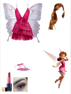 barbie dolls and other accessories are shown in this image, including a pink dress with white wings