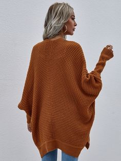 Brown Casual  Long Sleeve Acrylic Plain Coat  Slight Stretch Fall/Winter Women Knitwear Loose Knitwear, Stile Boho Chic, Slouchy Cardigan, Solid Color Sweater, Cardigan Sweater Coat, Open Front Sweater, Saint John, Knit Fashion, Open Front Cardigan