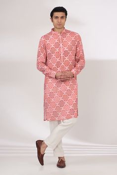 Pink cotton silk kurta with bandhani print and sequins embroidery. Comes with pant. - Aza Fashions Chanderi Bandhani Traditional Wear For Eid, Designer Bandhani Print Kurta For Navratri, Designer Wear Kurta With Bandhani Print And Traditional Drape, Designer Bandhani Print Kurta With Traditional Drape, Festive Cotton Kurta With Printed Motifs, Straight Kurta With Printed Motifs For Transitional Season, Festive Chanderi Lawn Suit With Block Print, Festival Designer Kurta With Bandhani Print, Designer Wear Bandhani Print Kurta For Festive Season