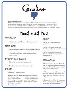 the food and fun menu for coraline