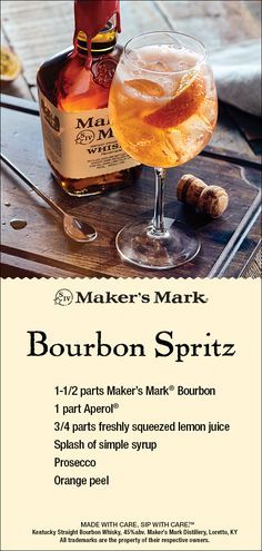 an advertisement for bourbon spritz on a wooden table