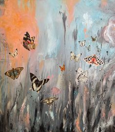 a painting with many butterflies flying around it