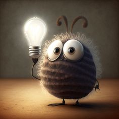 a cartoon character holding a light bulb with one eye and two eyes on the other