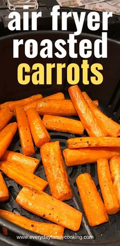 air fryer roasted carrots in a cast iron skillet with text overlay