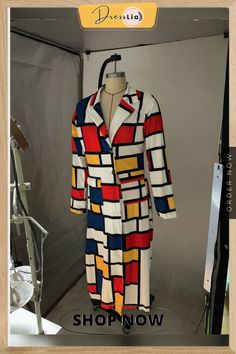 Fall Colorful Plaid Printed Double-breasted Lapel Long Coat Long Coat, 1 Million, Double Breasted, Plaid, Color