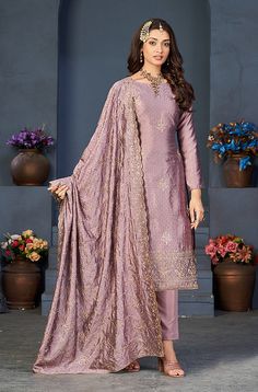 Mauve Designer Embroidered Party Wear Silk Pant Suit-Saira's Boutique Wedding Salwar Suits, Lavender Pants, Silk Pant Suit, Celana Fashion, Resham Embroidery, Look Festival, Churidar Suits, Salwar Kameez Online, Pakistani Salwar Kameez