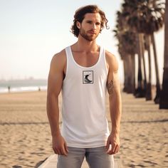 The goat surfer,mens surf tank top,beach tee shirt,xmas gift for dads,birthdsy gift for friend,holiday outfits,The men's soft-style tank top has a slight taper under the arms. To avoid any pinching, this area has extra space built in. The gament is made from cotton - with polyester in the heather colors. There are no side seams - further increasing the fitting comfort. All bindings are the same fabric as the main body. The fine quality print will make your design look stunning. .: 100% Ringspun Sporty Tops With Back Print For Summer, Sporty Summer Tops With Back Print, White Tops For Streetwear During Beach Season, Moisture-wicking Tank T-shirt For Summer, Sporty White Tops For Beach Season, Moisture-wicking Tops For Surfing In Summer, Summer Moisture-wicking Tops For Surfing, Summer Moisture-wicking Surf Tops, White Crew Neck Tank Top For Vacation