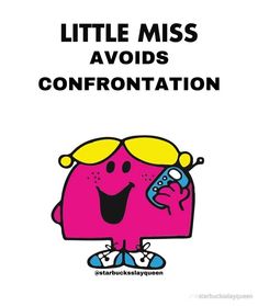 a pink and yellow cartoon character with the words little miss's confrontation