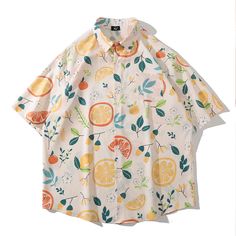 Harajuku Lemon Floral Print Preppy Loose Shirt Features：  Product ID:SS0026 Material:Polyester Season:Summer Color:Apricot  Size Chat： Spring Collared Printed T-shirt, White Graphic Print Blouse For Beach, White Graphic Print Beach Blouse, Orange Collared Tops For Summer, Orange Collared Camp Shirt For Summer, Orange Cotton Summer Shirt, Summer Orange Cotton Shirt, Casual Orange Shirt For Summer, Cotton Graphic Print Blouse For Vacation