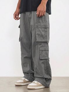 Men's Solid Color Multiple Cargo Pockets Straight Loose Casual Pants Grey Casual   Woven Fabric Plain Wide Leg Non-Stretch  Men Clothing, size features are:Bust: ,Length: ,Sleeve Length: Straight Cargo Pants Outfit, Cargo Outfit Men, Cargo Outfit, Cargo Pants Outfit, Future Clothes, Men Stylish Dress, Guys Clothing Styles, Men Pants, Streetwear Men Outfits