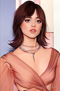 a drawing of a woman with brown hair wearing a pink dress and choker necklace