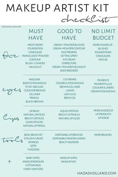 professional makeup kit essential. here is a makeup artist kit check list for beginners! building your pro makeup kit on a budget! check out my blog for more makeup artist freelance tips! hadasholland.com #hadasholland #makeupkit #promakeupkit #makeupartist Makeup Studio Must Haves, Makeup Artist Product List, Tips For Makeup Artists, Beginner Makeup Artist Tips, Makeup Beginner Tips, Mua Business Tips, Makeup Essentials For Beginners List, Makeup Kit Essentials Professional, Makeup Artist Beginner