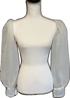 Sheer Puff Sleeve Fitted Blouse, Fitted Blouse With Sheer Puff Sleeves, Fitted Blouse With Lantern Sheer Sleeves, Fitted Blouse With Sheer Lantern Sleeves, Sheer Organza Blouse For Evening, Fitted Organza Blouse For Formal Occasions, Sheer Fitted Blouse With Puff Sleeves, White Organza Blouse For Evening, Fitted Sheer Blouse With Puff Sleeves