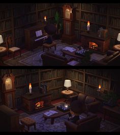 two pictures of a living room with bookshelves and couches in the middle