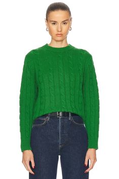 100% pure new wool.  Made in Ireland.  Hand wash.  Pull-on styling.  Cable-knit fabric.  .  .  .  .  .  .  .  .  .  .  . Dry Clean Only, Crewneck Sweater, Knitwear Women, Crew Neck Sweater, Cable Knit, Knit Fabric, Knitted Sweaters, Knitted Fabric, Top Brands