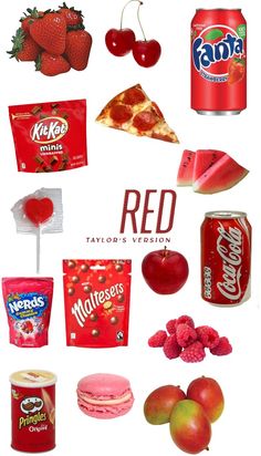 red food and drinks are arranged in the shape of a circle on a white background