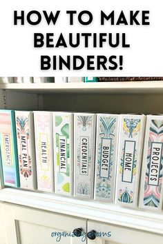 Pretty binders on white shelf. Home Bills Organization Ideas, File Binder Organization, Organize Your Life With Binders, Curriculum Binder Organization, Organizing Binders For Home, Cute Filing System, Home Folder Organization, Home Manuals Organization, Family Paperwork Organization