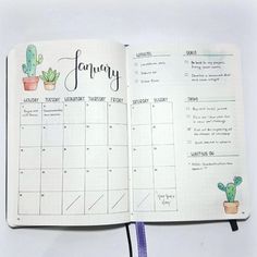 an open planner book with cactus and succulents on the pages that says january