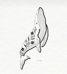 a black and white drawing of a whale with flowers on it's back end