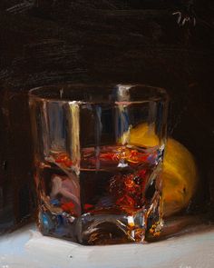 a painting of a glass with some fruit in it