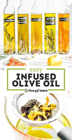 an advertisement for olive oil is shown in front of three bottles with lemons and herbs