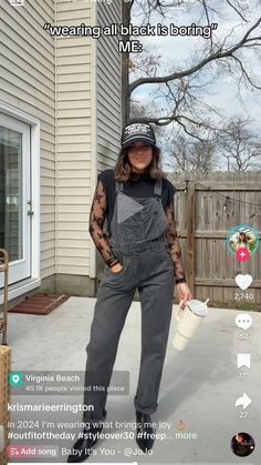 Want to recreate this outfit! Lace layering top, wode shoulder tee, overalls, trucker hat, boots Lace Under Shirt Outfit, Lace Shirt Layering Outfit, Jumpsuit Layering Outfit, Lace Layering Top Outfit, Layered Shirts Outfit, Layer Top Outfits, Lace Undershirt Outfit, Shirt Layering Outfit, Undershirt Outfit