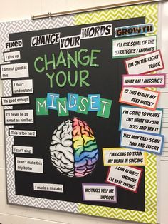 a bulletin board that says change your minds with pictures of the brain and words on it