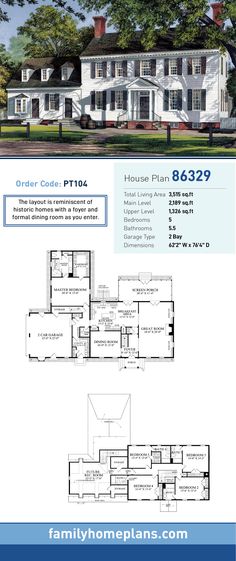 the floor plan for this home is shown in blue and white, with two story houses on